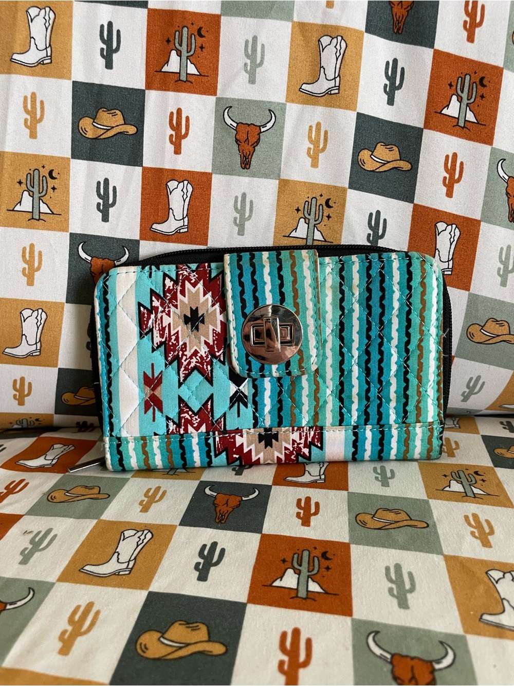 Turquoise Aztec Quilted Turn-Lock Wallet